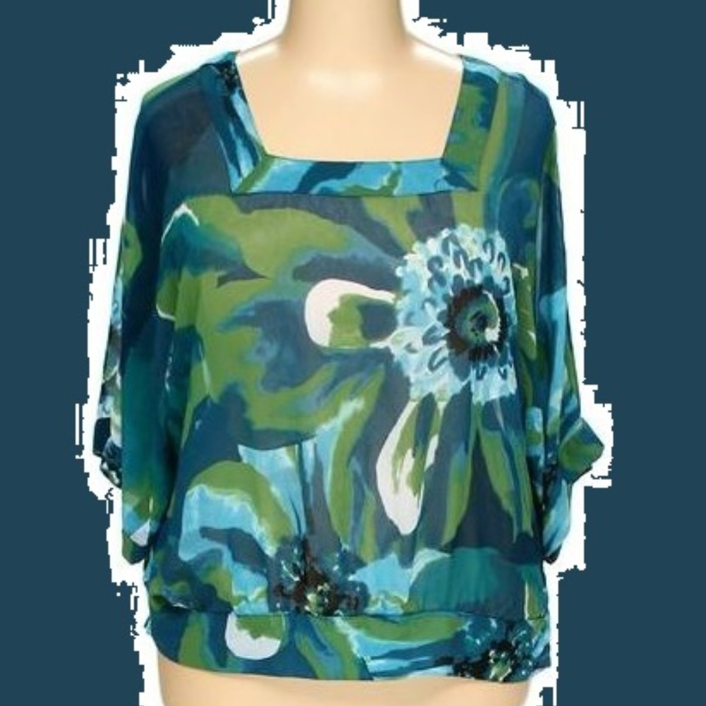 Sheer Multi Blues and Green Drape Sleeve Blouse